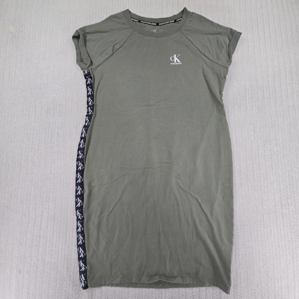 Calvin Klein Jeans T Shirt Dress Womens XL Green Side Logo Tape Jersey Casual